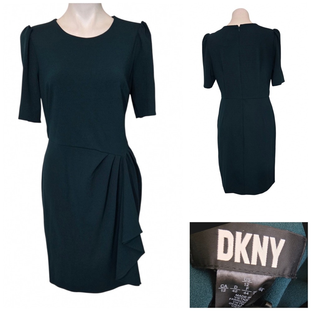DKNY Forest Green Side Ruffle Sheath Dress DD2H1166 Size 12 New